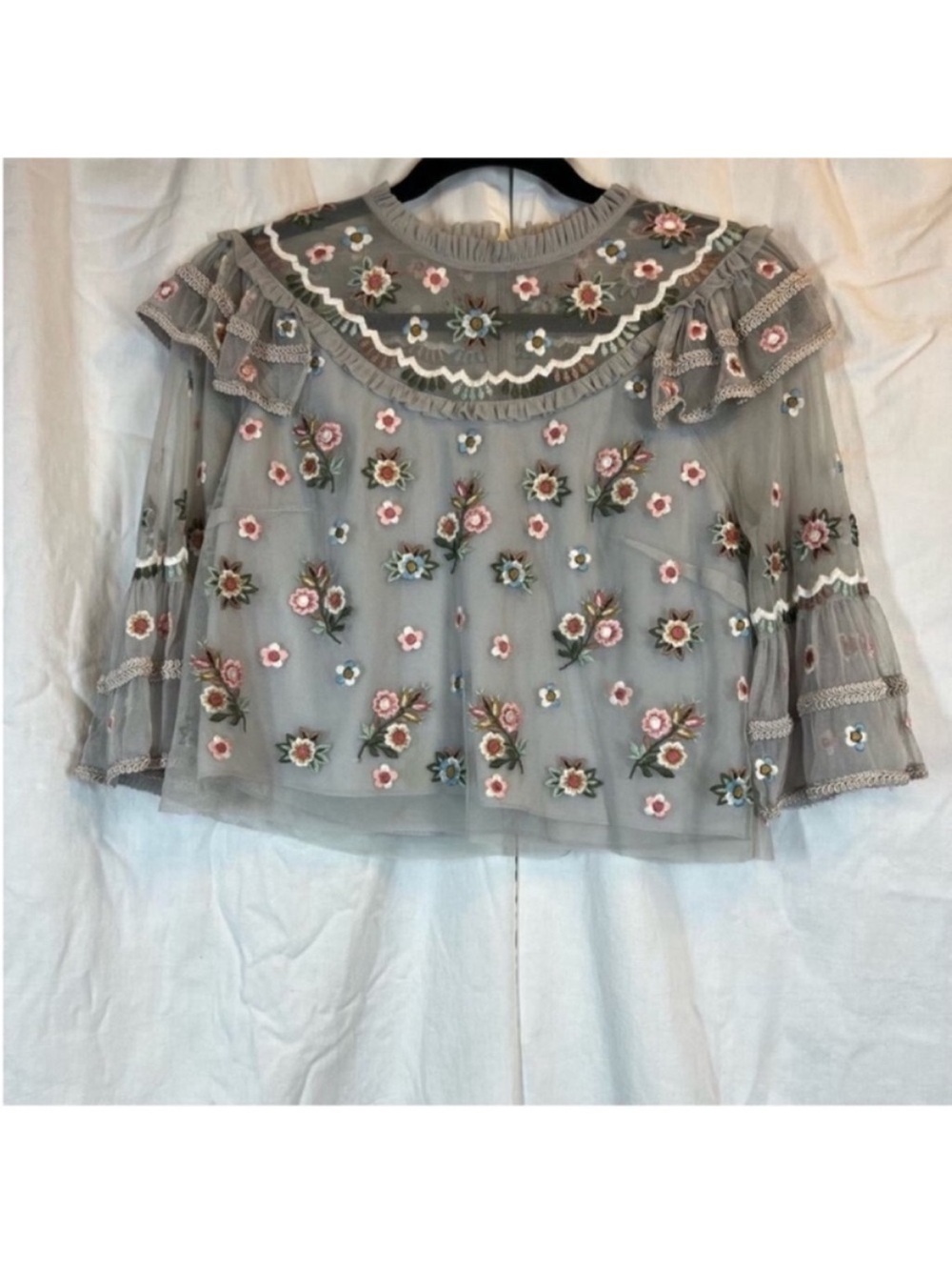 Needle & Thread Floral Embroidered Ruffle Sheer 3/4 Bell Sleeve blouse